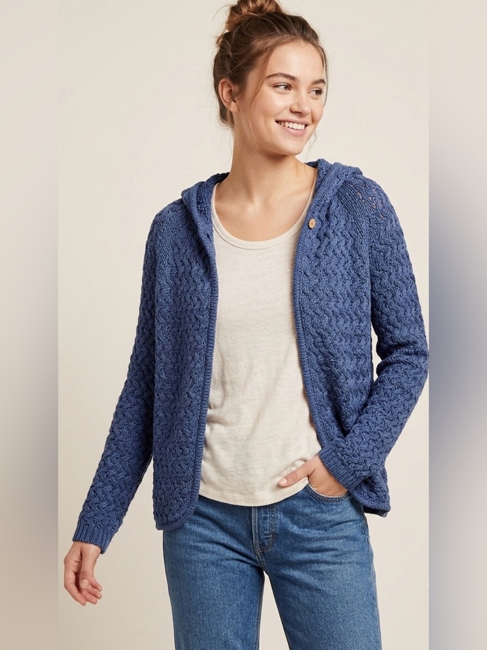 Free People free-est Textured Knit Hooded Cardigan Blue Open Front Sweater